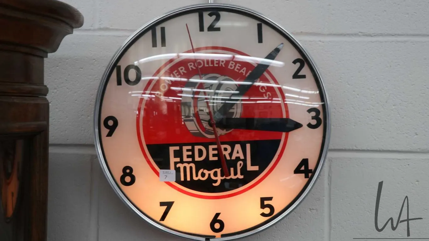 Vintage Federal Mogul Rolling Bearings illuminating electric wall clock, 16" in diameter, 4 1/2" D a