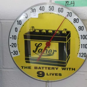 Vintage round Laher Batteries thermometer 12" in diameter