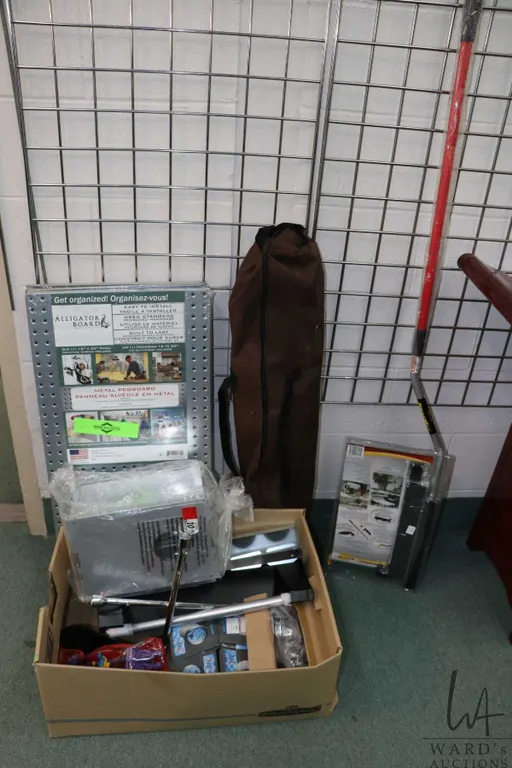 Selection of miscellaneous car related items including 4 vehicle temperature gauges, metal shelving,