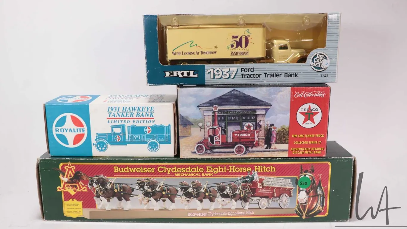 4 collectible Ertl banks including Budweiser horse and wagon, 1937 50th anniversary Ford Tractor Tra