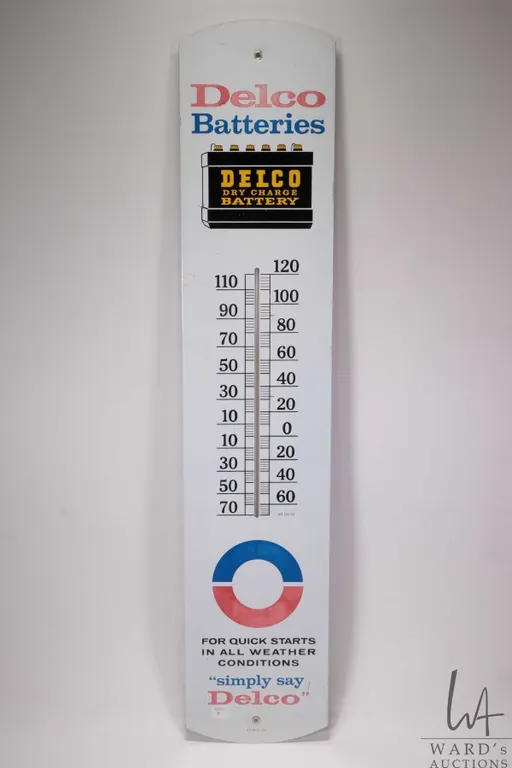 Vintage metal and porcelain Delco Batteries thermometer (fahrenheit) marked S.T.M.S.-65, 39" H X 8"