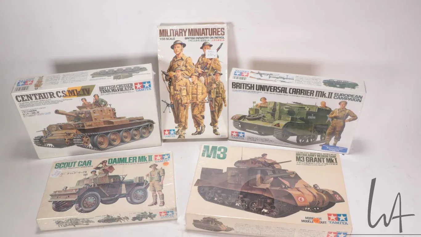 Five 1:35 scale Tamiya WWII vehicle model kits, all new in box