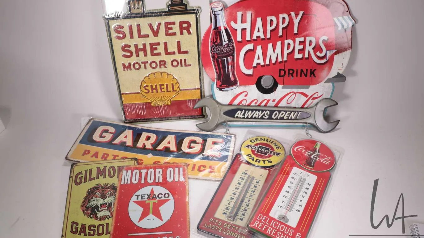 8 assorted reproduction metal wall signs and thermometers, various sizes and themes