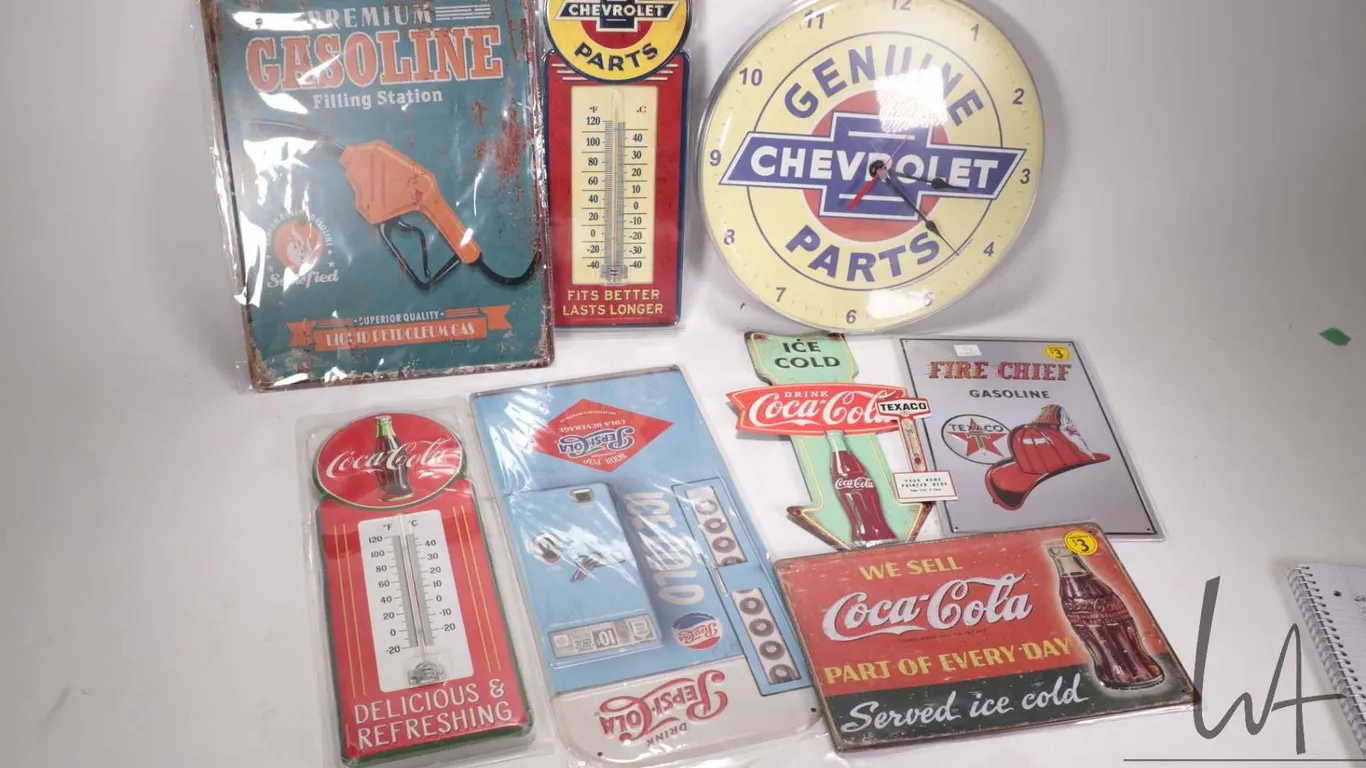 7 assorted reproduction metal wall signs and thermometers, and a reproduction wall clock, various si