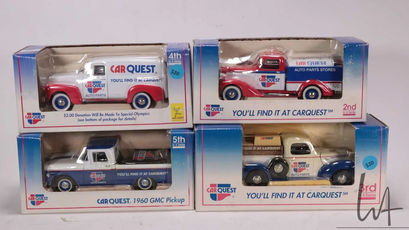 4 SpecCast Car Quest branded die cast model cars including 1936 Dodge tanker, 1940 Ford Pickup, 1960