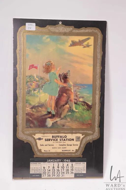 Vintage Buffalo Service Station, Wainwright, Alta cardboard1946 calendar