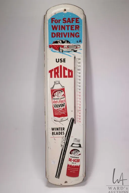 Vintage metal and porcelain Trico Wiper Blades advertising thermometer (fahrenheit) marked Made in U