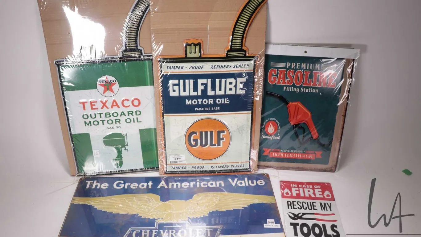 8 assorted reproduction metal wall signs and thermometers, various sizes and themes