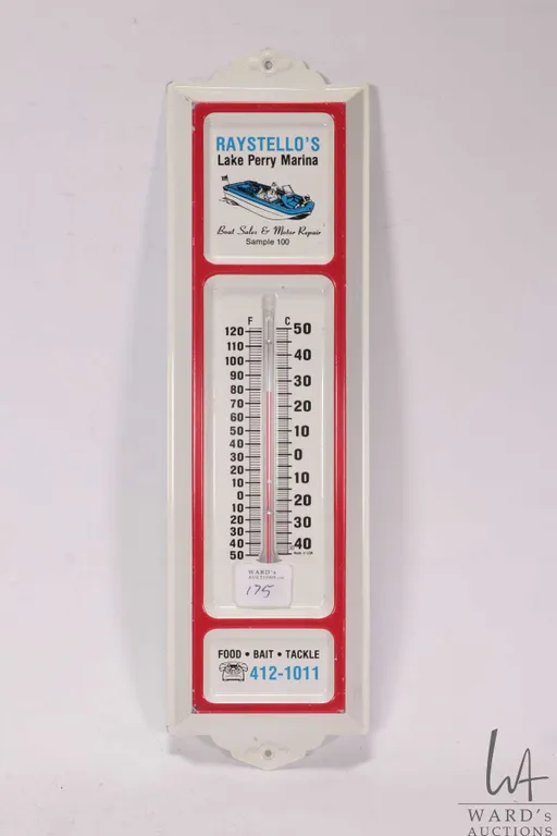 Vintage metal "Raystello's Lake Perry Marina" wall mount thermometer, 13" tall by 4" wide