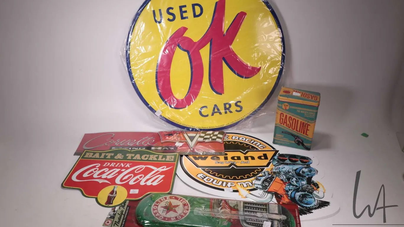 6 reproduction metal wall signs, various themes and sizes