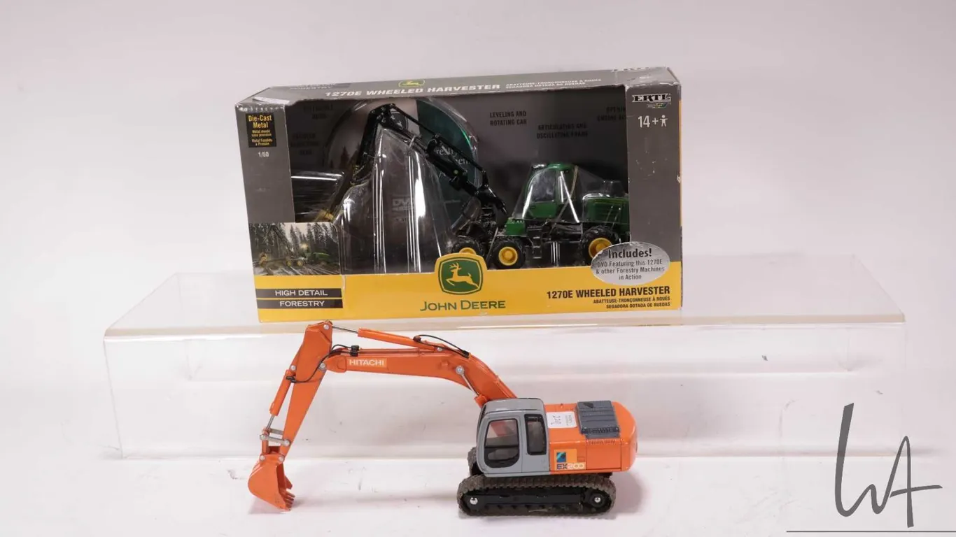 Two die cast toys including 1:50 scale John Deere 1270E Wheeled Harvester and a 1:40 scale Hitachi E
