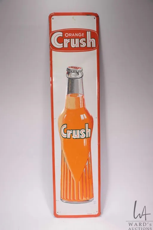 Vintage metal and porcelain Orange Crush advertisement sign 35 1/2" H X 8 1/2", marked Made in Canad