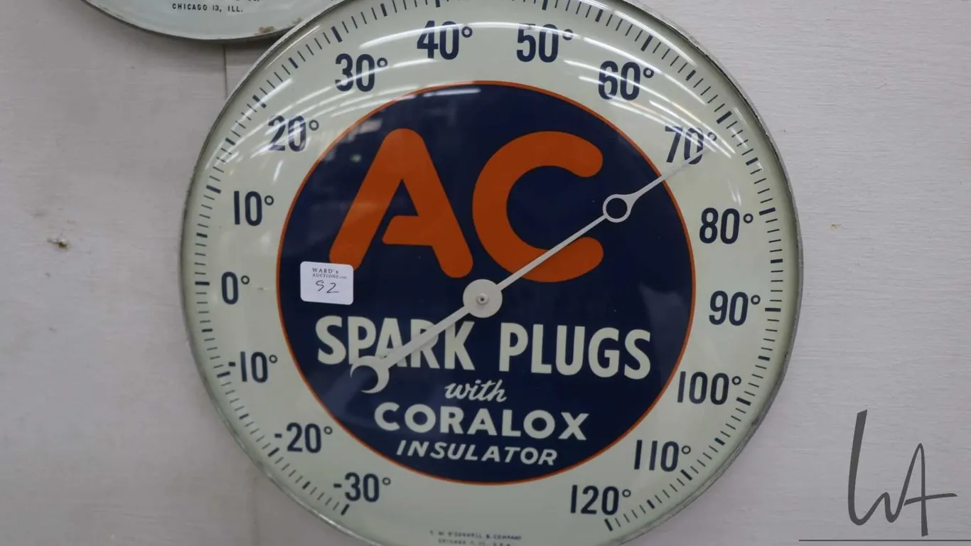 Vintage AC Spark Plugs thermometer marked T.W. O'Connell & Co. Chicago 7, ILL., 12" in diameter