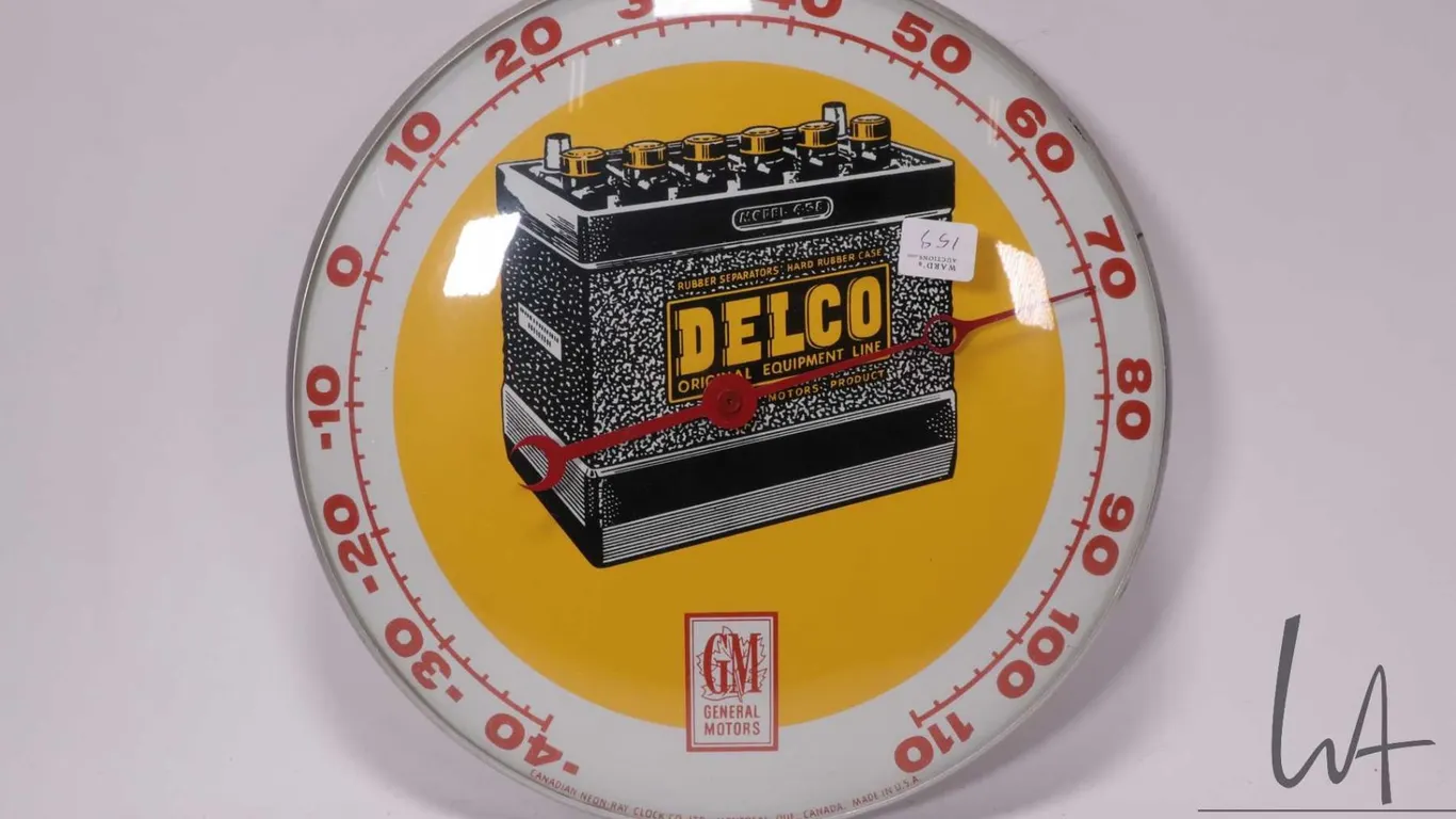 Vintage Delco Batteries 12" diameter temperature gauge