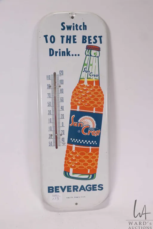 Vintage metal and porcelain " Sun Crest" wall mount thermometer, 16" tall x 6" wide