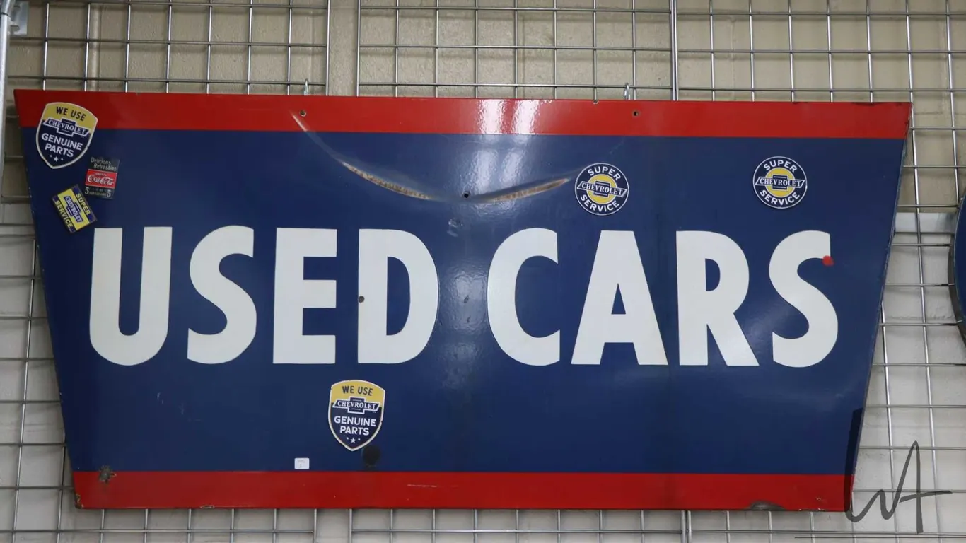 Vintage metal and porcelain sign "USED CARS" 65" top length X 54" bottom length X 30" H