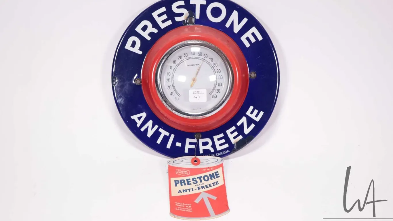 Vintage metal and porcelain Prestone Anti-freeze thermometer (fahrenheit) with paper Prestone oil ca