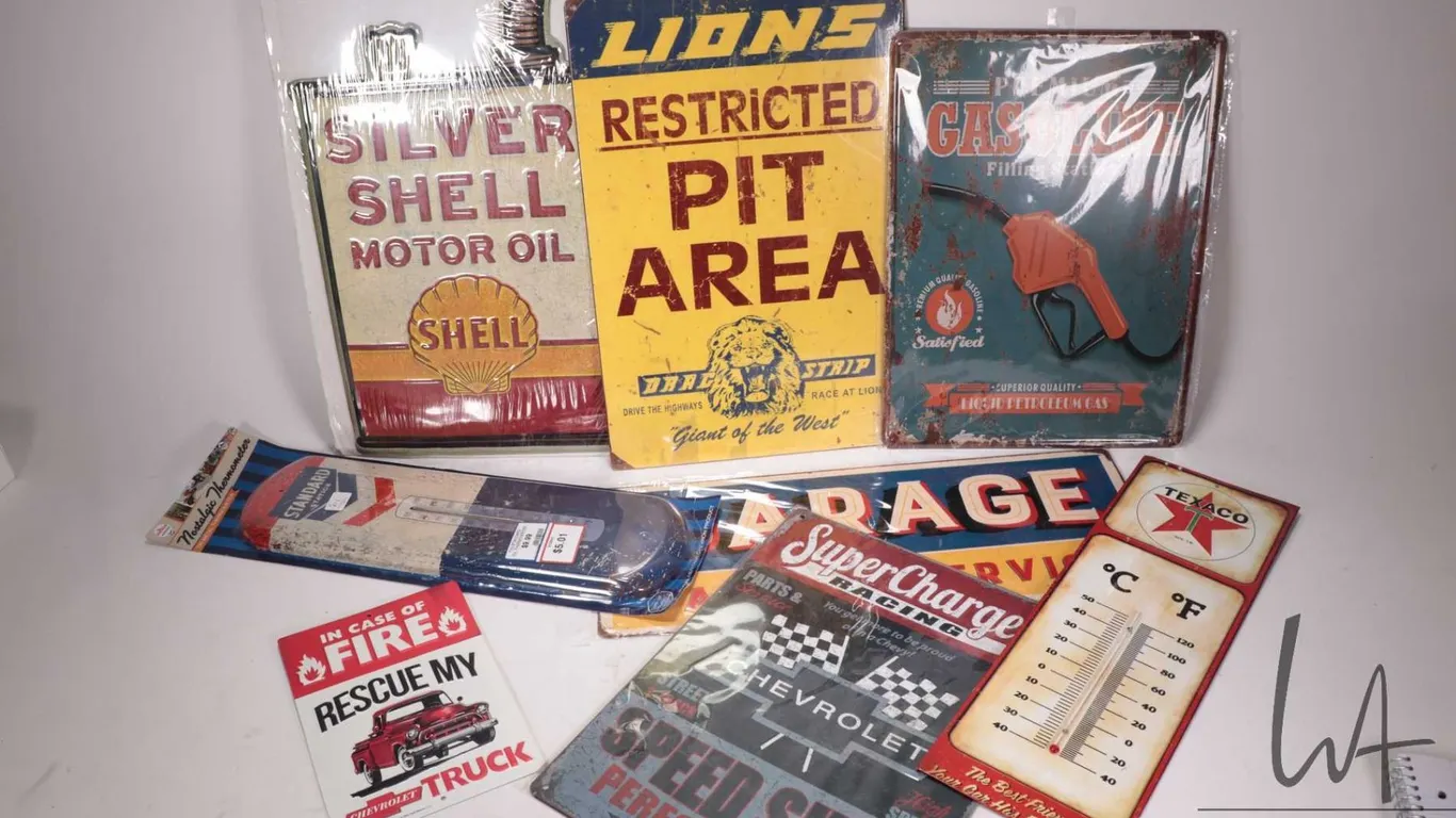 8 assorted reproduction metal wall signs and thermometers, various sizes and themes