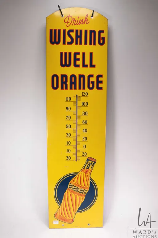 Vintage metal and porcelain " Wishing Well Orange" wall mount thermometer, 40" long x 10-1/2" wide