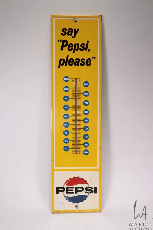 Vintage metal and porcelain "Pepsi" wall mount thermometer dated 1964, 28" tall x 7-1/4" wide