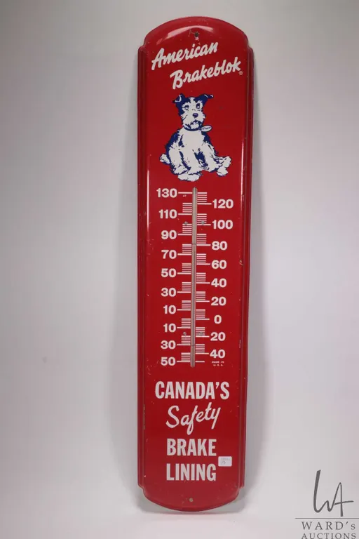 Vintage metal and porcelain "American Brakeblok" thermometer (fahrenheit) 35 1/2" H X 8 1/4"W