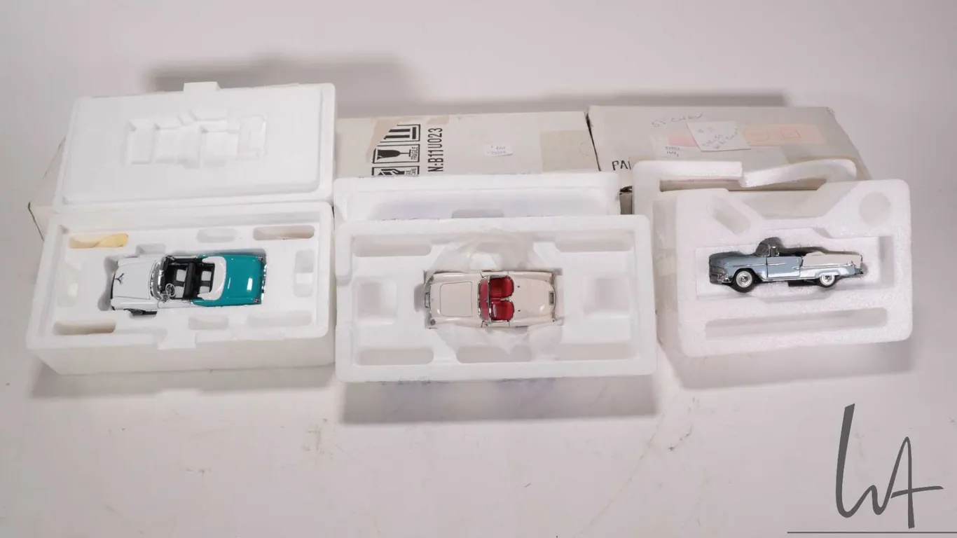 3 1:43 scale Franklin Mint die cast collectible cars including 1953 Chevrolet Corvette, 1955 Chevrol