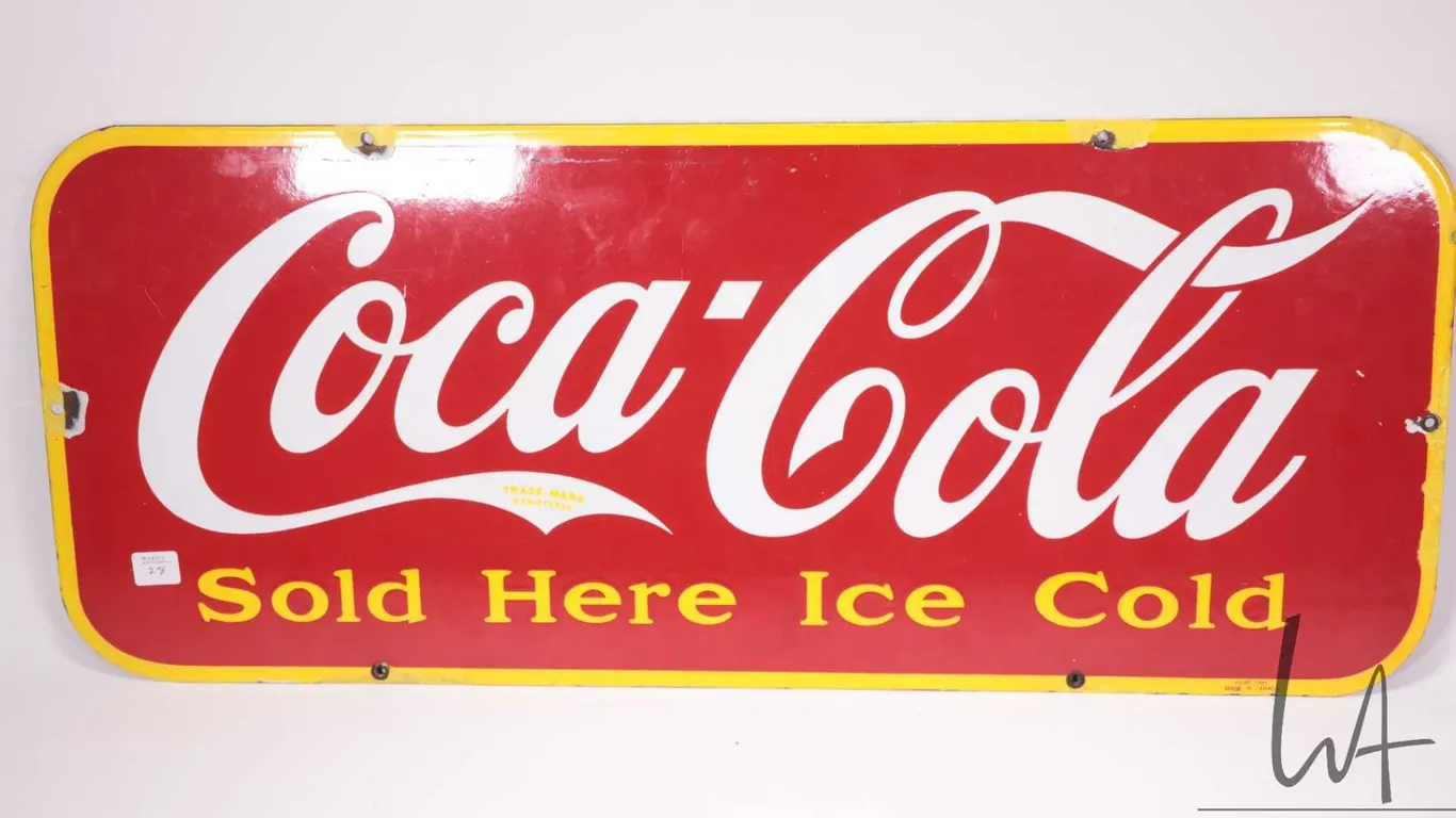 Vintage metal and porcelain sign "Coca-Cola- Sold Here Ice Cold" marked Vilas (1941) Made in Canada.