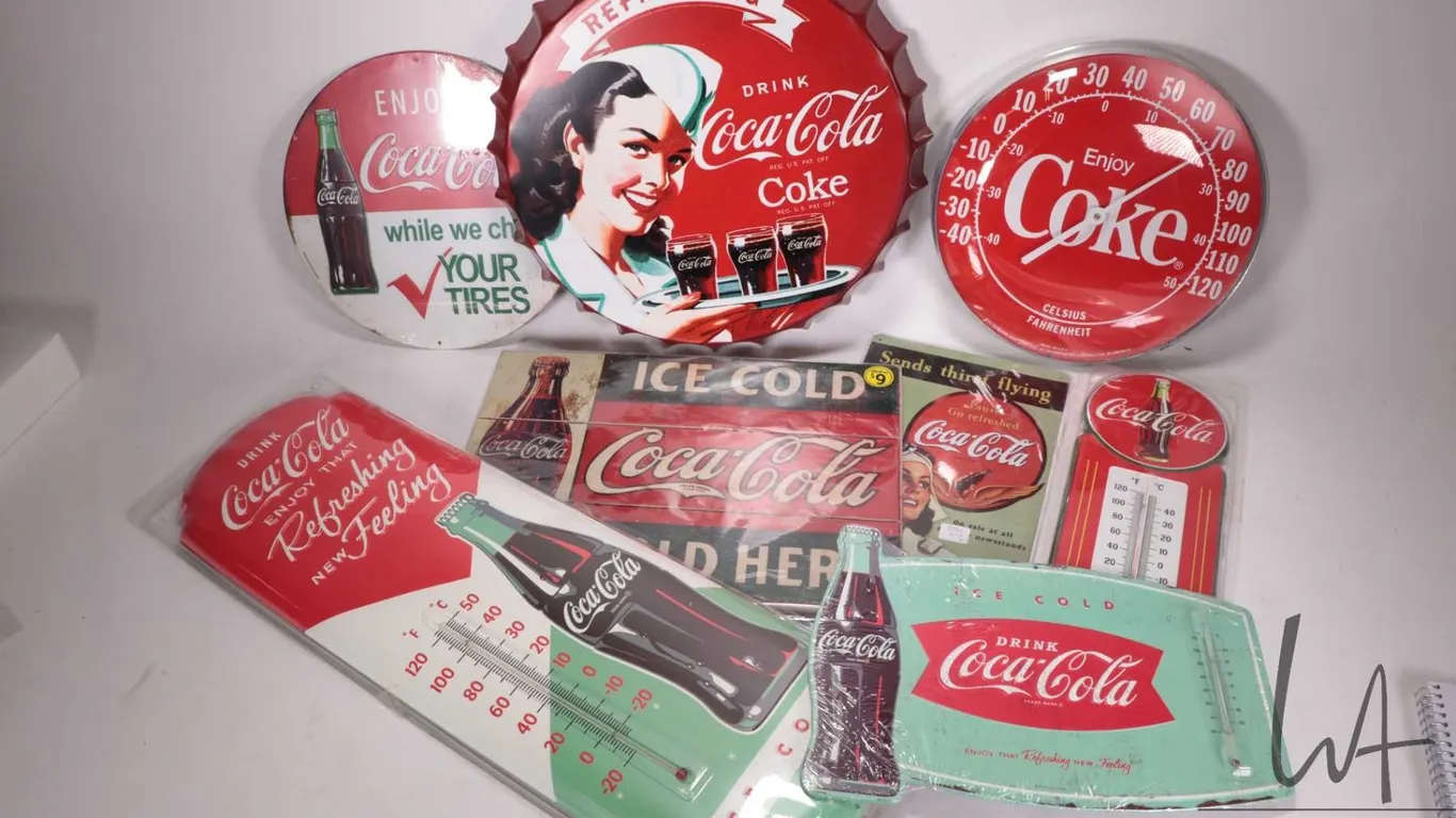 8 assorted reproduction metal wall signs and thermometers, various sizes and themes