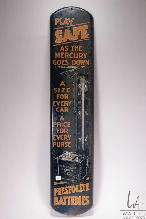 Vintage metal and porcelain Prest-o-lite Batteries advertising thermometer ( fahrenheit) 38 1/2" H X