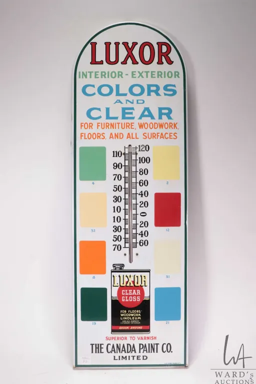 Vintage metal and porcelain "Luxor Paints" wall mount thermometer, 30" tall x 10" wide