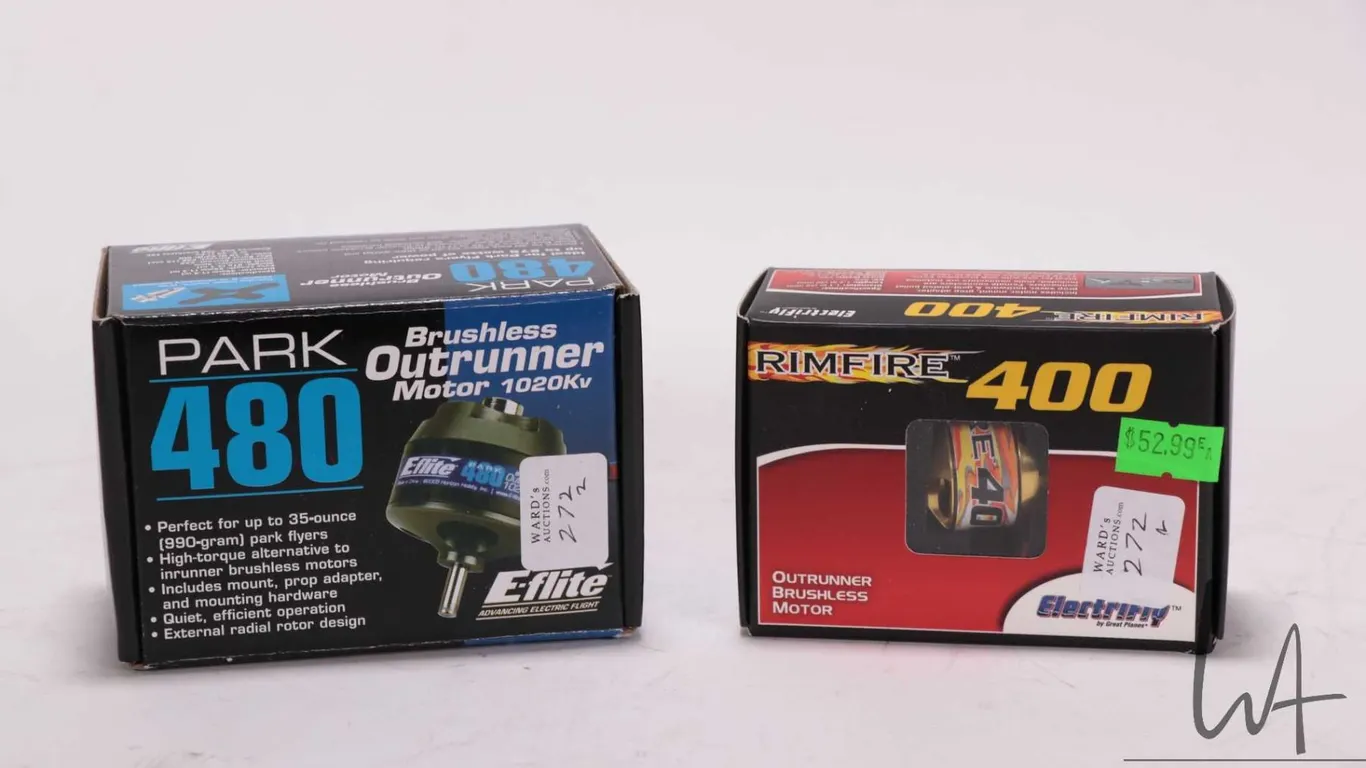 Two RC electric motors including E-flite Park 480 and a Electrifly Rimfire 400