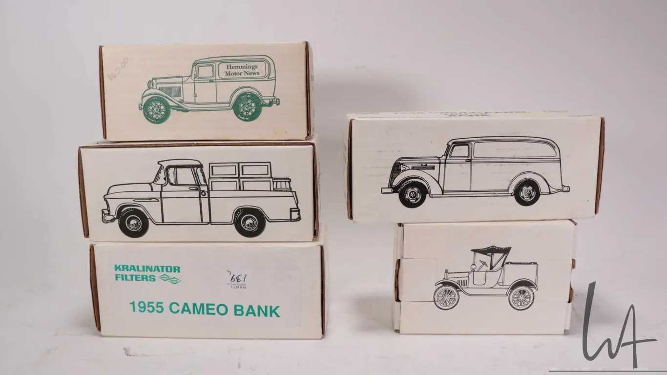 5 Collectible Ertl banks including Kralinator Filters 1955 Cameo, 1955 Chevrolet pickup, 1918 Runabo