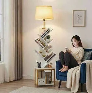ZEXVIDA Bookcase with Lamp, Gold/White