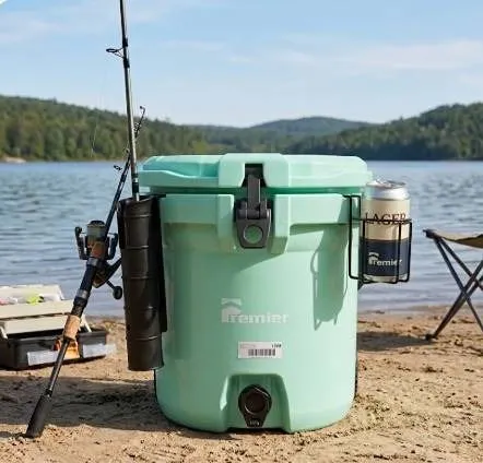 PREMIER INSULATED ROUND COOLER featuring built in drain, fishing rod holder, cup holder, easy-carry
