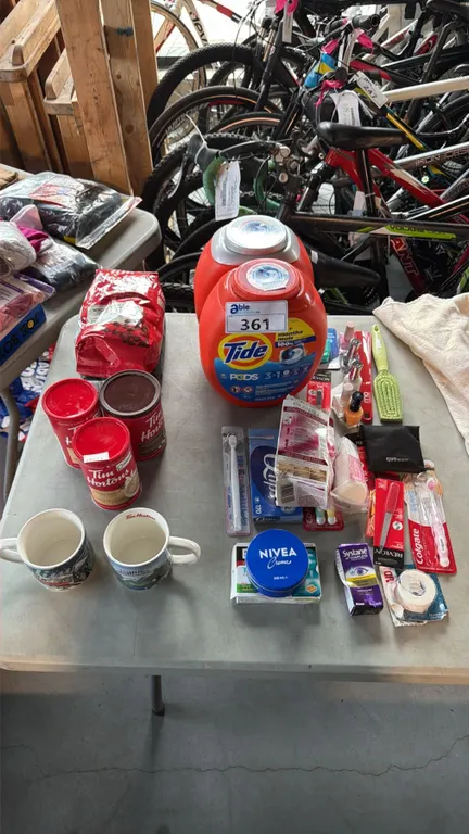 TIM HORTON'S INSTANT AND WHOLE BEAN COFFEE WITH MUGS, TIDE LAUNDRY PODS & ASSORTED ITEMS