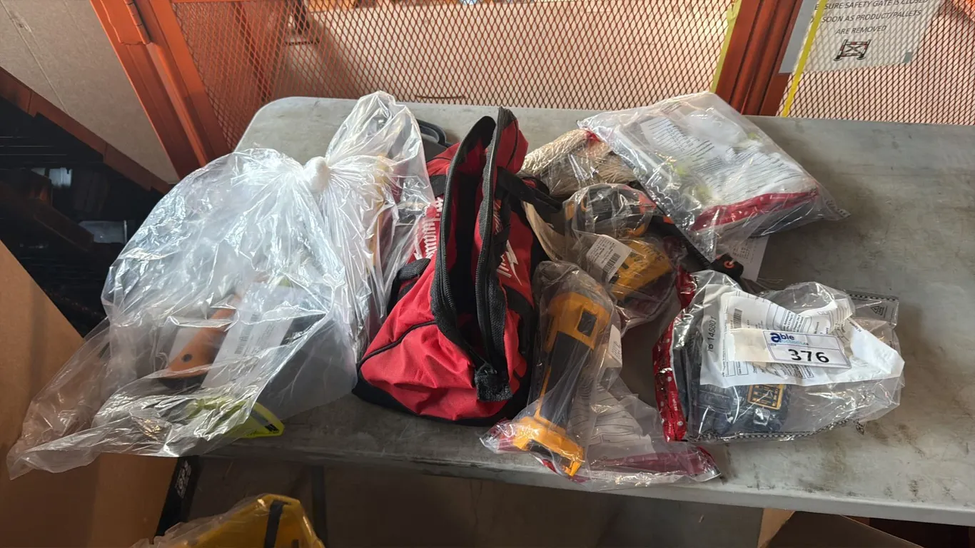 ASSORTED POWER TOOLS, HATCHETS, TOOL BAG & BITS