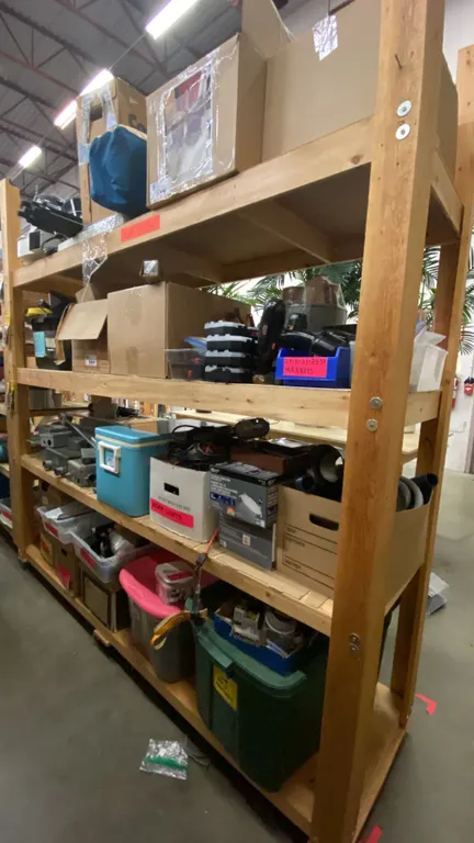 4 SHELVES OF ASSORTED TOOLS, CAMPING, ELECTRICAL AND MORE