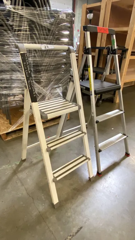 2 SMALL ALUMINIUM FRAMED FOLDING STEP LADDERS -