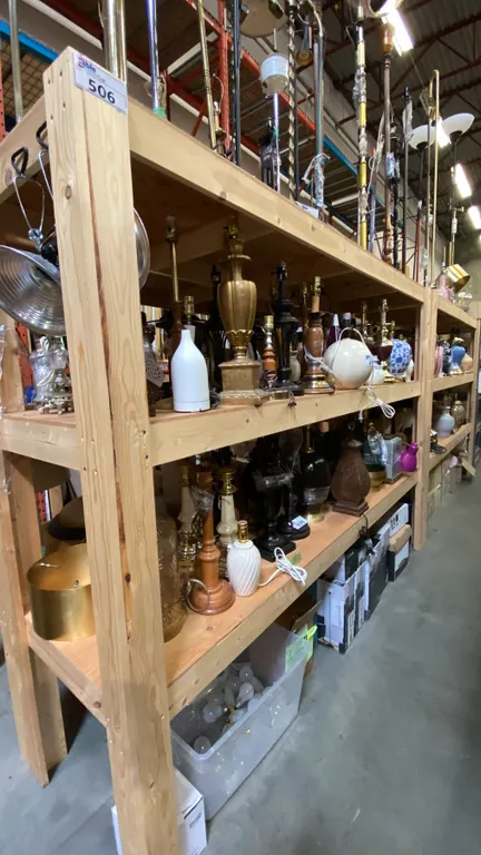 GROUP OF 4 WOODEN SHELVING UNITS - EACH UNIT MEASURES APPROX. 8FT X 2FT X 6FT HIGH