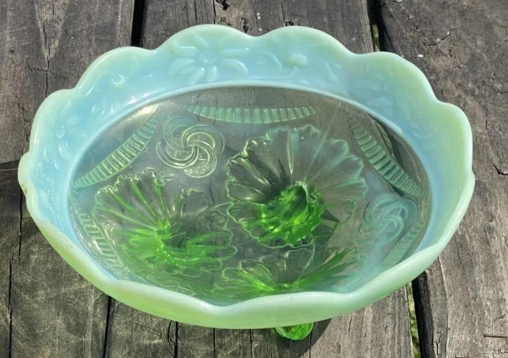 Green Opalescent Footed Bowl