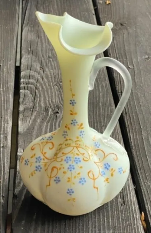 Hand Enameled Satin Glass Ewer