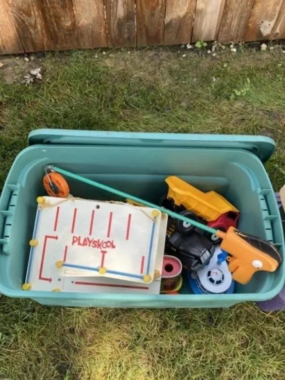 Tote with Lid Full of Toys