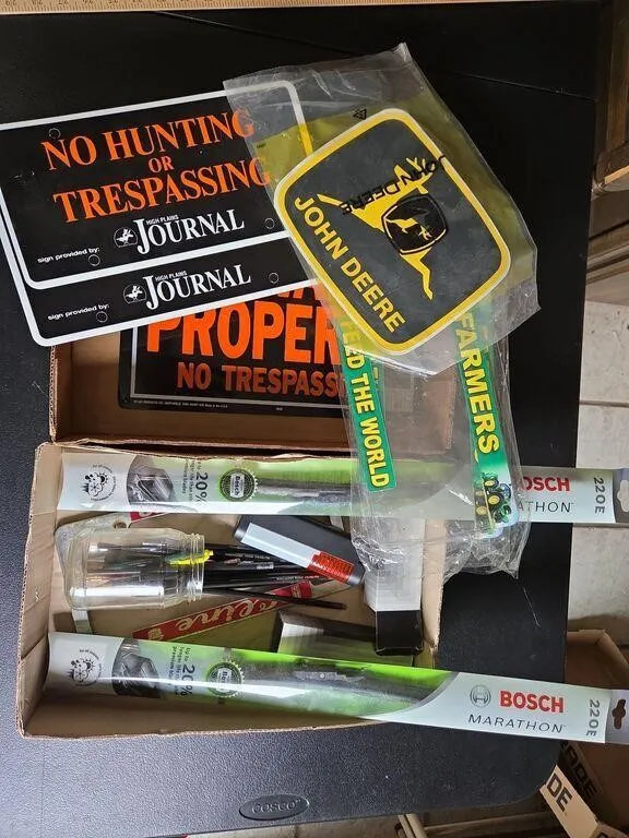 2 boxes; JD Decal, Wiper blades, License Plate Cov