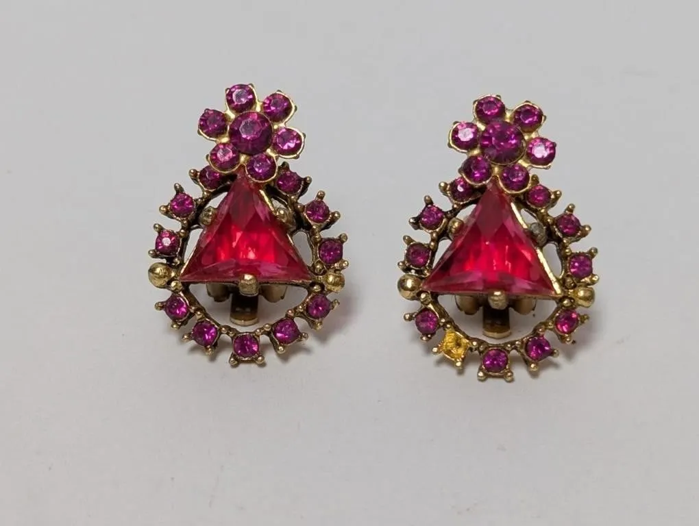 Pink Triangular Stone Floral Clip On Earrings
