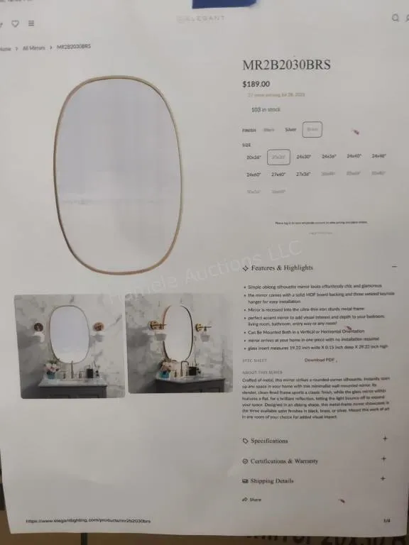 Elegant Mirror brass 20x30"