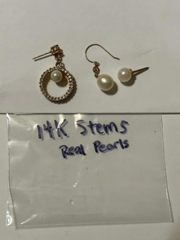 14K Stems Real Pearl Drop Earrings