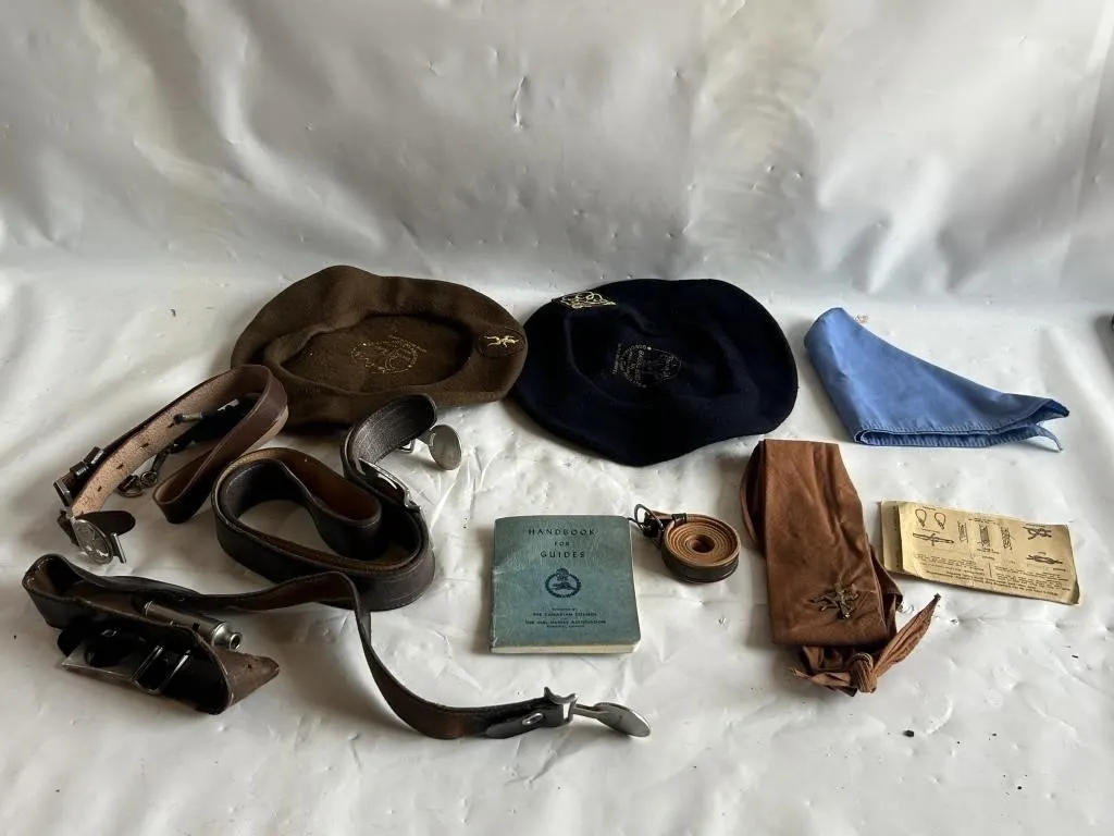 Girl Guides/Scouts uniform lot: berets, belts,