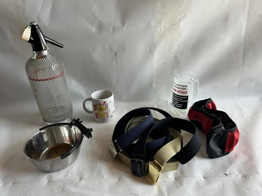 Seltzer Bottle, Belts, Mugs & Misc Lot