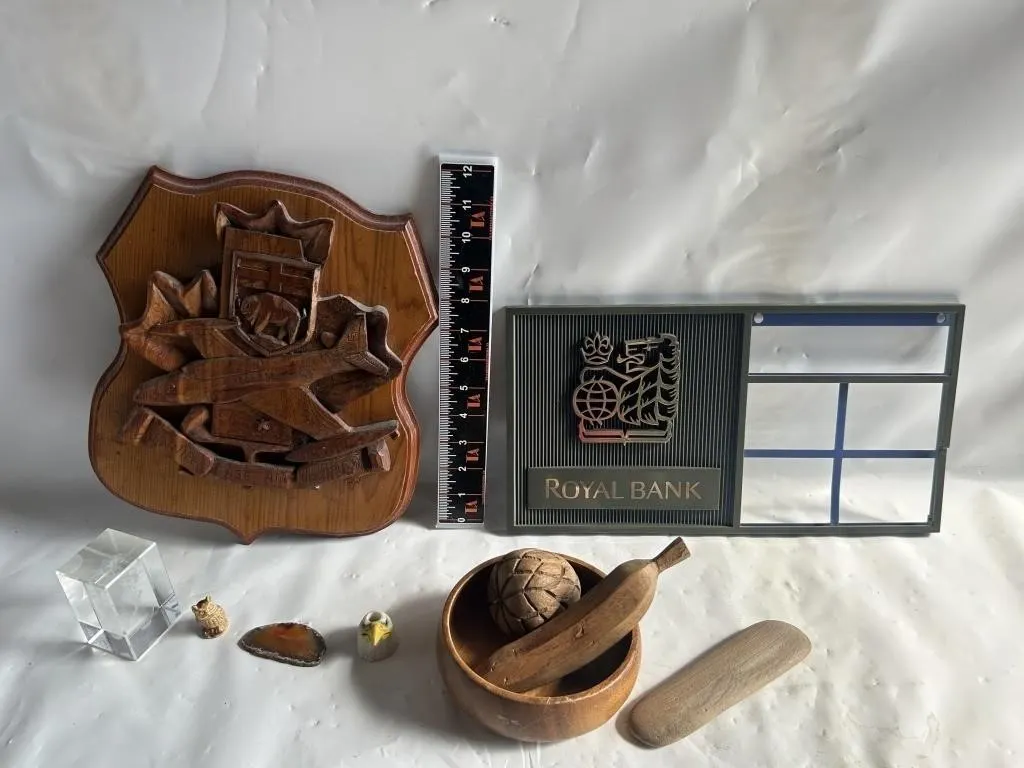 Wood Carved Plaque & Decor Lot w/ Royal Bank Sign