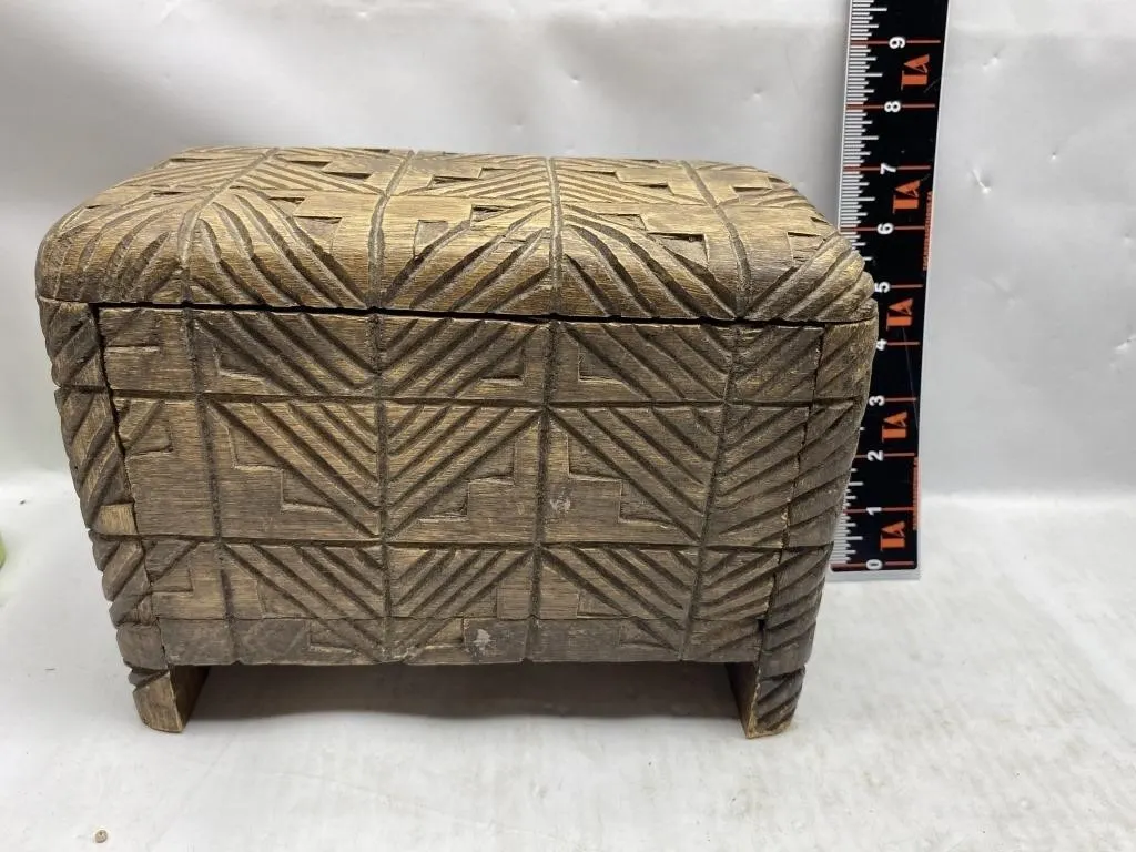 Carved Wooden Chevron-Pattern Box with Hinged Lid